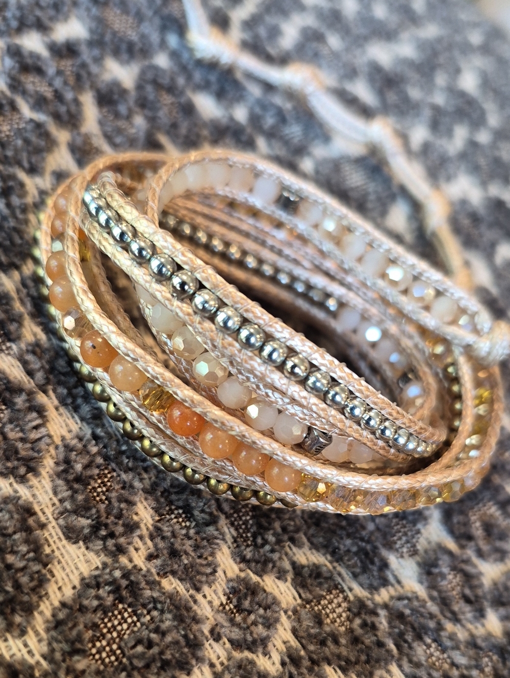 Liv Thai Bohemian Gold & Tan Hues Faceted Bead Adjustable Length Wrap Bracelet - Picture 3 of 13